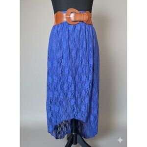 Royal Blue Floral Lace High-Low Skirt | Boho Asymmetrical Maxi with Belt